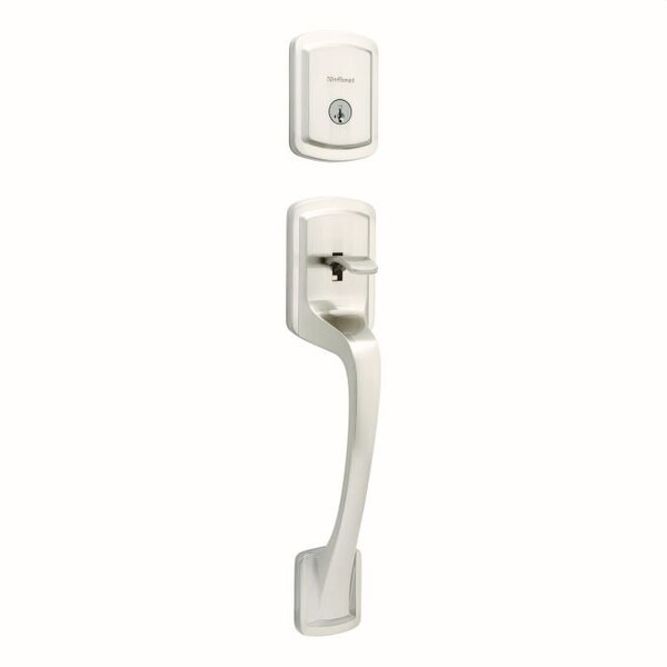 Single Cylinder Prague Exterior Handleset , SmartKey , RCAL Latch, RCS Strike Satin Nickel Finish